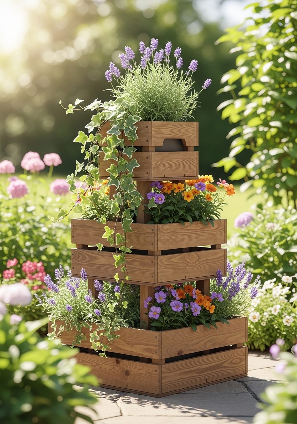 Tiered Wooden Crate Planter